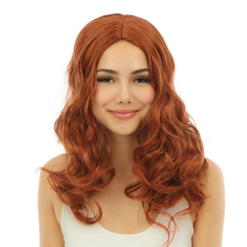 Perruque chic longue bouclée sans frange couleur rousse en vente chez Be Happy