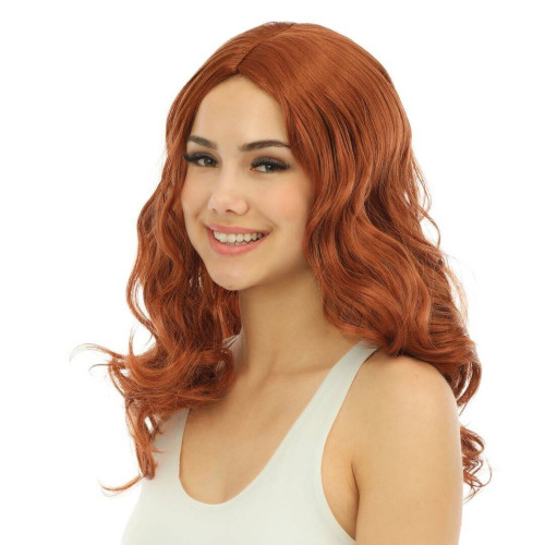Perruque chic longue bouclée sans frange couleur rousse en vente chez Be Happy