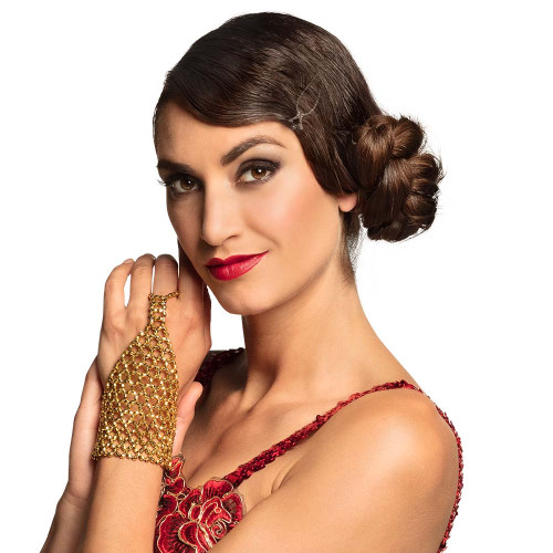 Set collier ras de cou perles et gant perles cabaret 1920 couleur doré, charleston en vente chez Be Happy