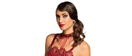 Set collier ras de cou perles et gant perles cabaret 1920 couleur rouge, charleston en vente chez Be Happy