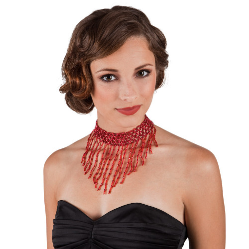 Set collier ras de cou perles et gant perles cabaret 1920 couleur rouge, charleston en vente chez Be Happy