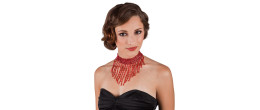 Set collier ras de cou perles et gant perles cabaret 1920 couleur rouge, charleston en vente chez Be Happy