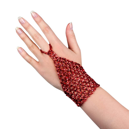 Set collier ras de cou perles et gant perles cabaret 1920 couleur rouge, charleston en vente chez Be Happy