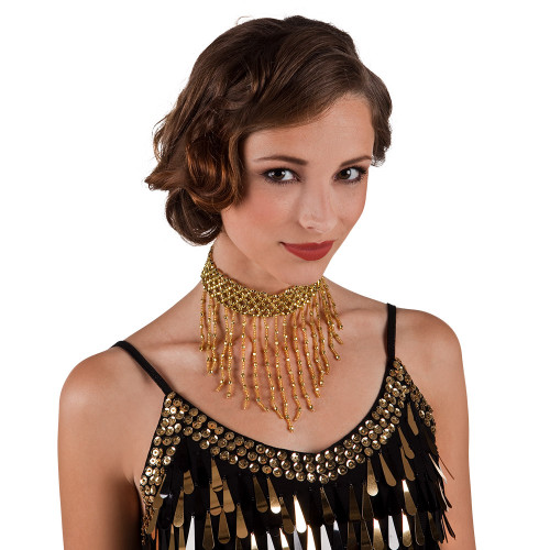 Set collier ras de cou perles et gant perles cabaret 1920 couleur doré, charleston en vente chez Be Happy