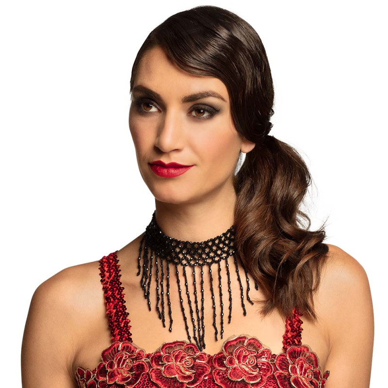 Set collier ras de cou perles et gant perles cabaret 1920 couleur noir, charleston en vente chez Be Happy