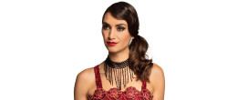 Set collier ras de cou perles et gant perles cabaret 1920 couleur noir, charleston en vente chez Be Happy