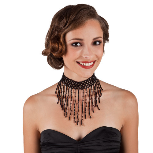 Set collier ras de cou perles et gant perles cabaret 1920 couleur noir, charleston en vente chez Be Happy