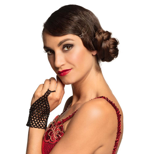 Set collier ras de cou perles et gant perles cabaret 1920 couleur noir, charleston en vente chez Be Happy