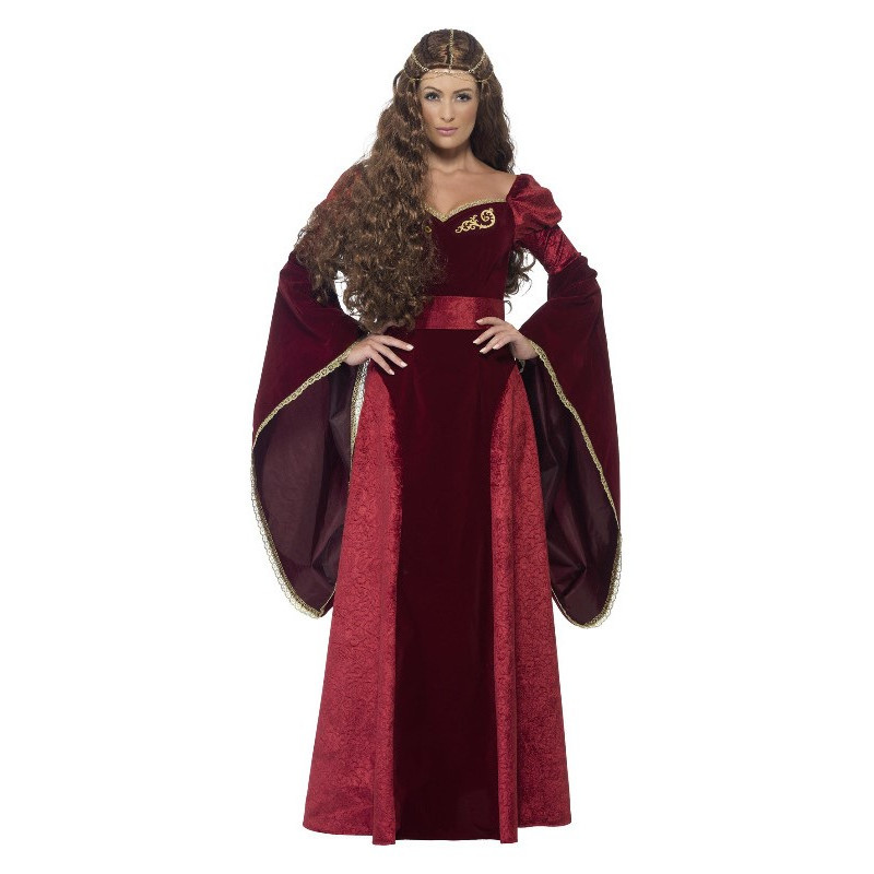 Déguisement robe impératrice médiévale en velours rouge pour femme en location.