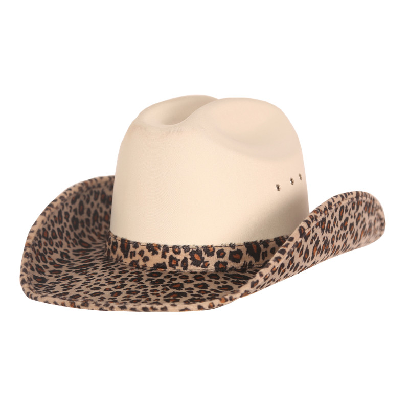 Chapeau cowboy luxe pour adulte couleur beige et léopard en vente chez Be Happy