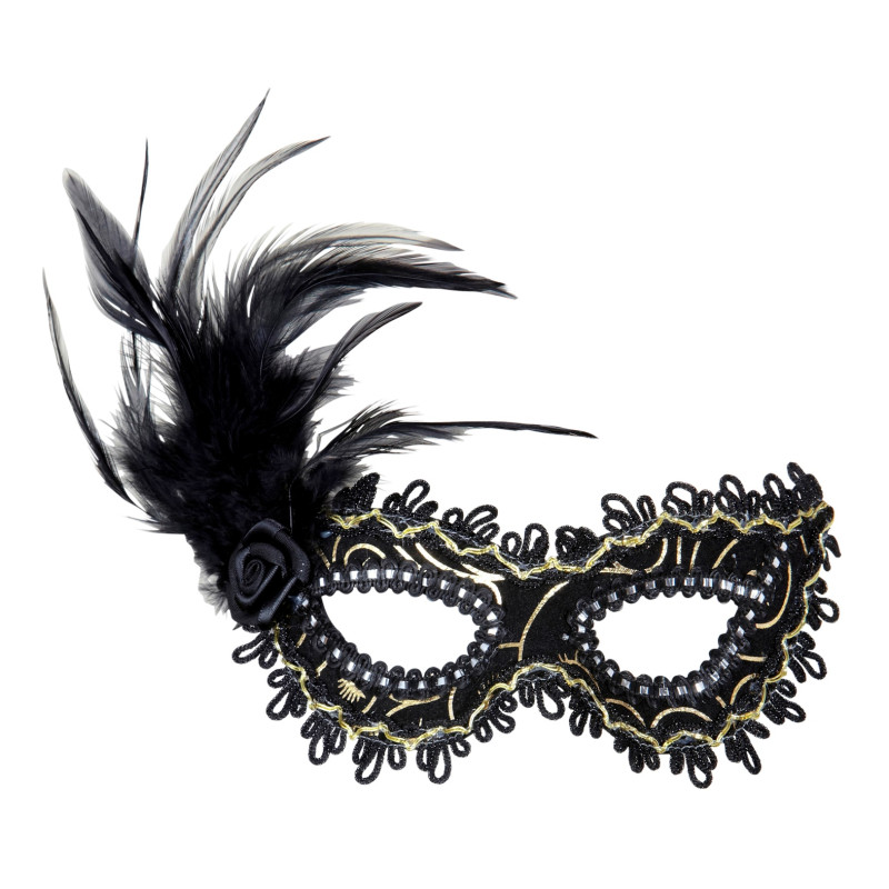Masque loup noir doré et plume