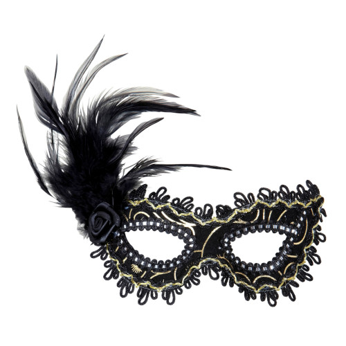 Masque loup noir doré et plume