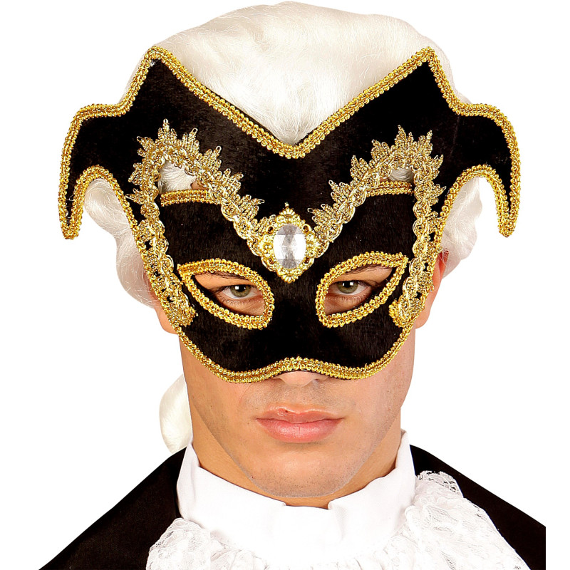 Masque loup vénitien noble noir et doré avec pierre en vente.