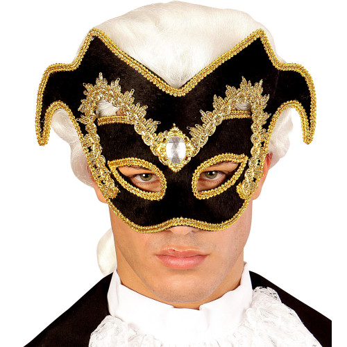 Masque loup vénitien noble noir et doré avec pierre en vente.