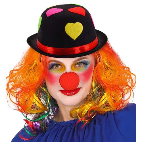Chapeau melon de clown, cirque rose avec coeurs colorés fluo en vente.