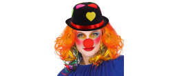 Chapeau melon de clown, cirque rose avec coeurs colorés fluo en vente.