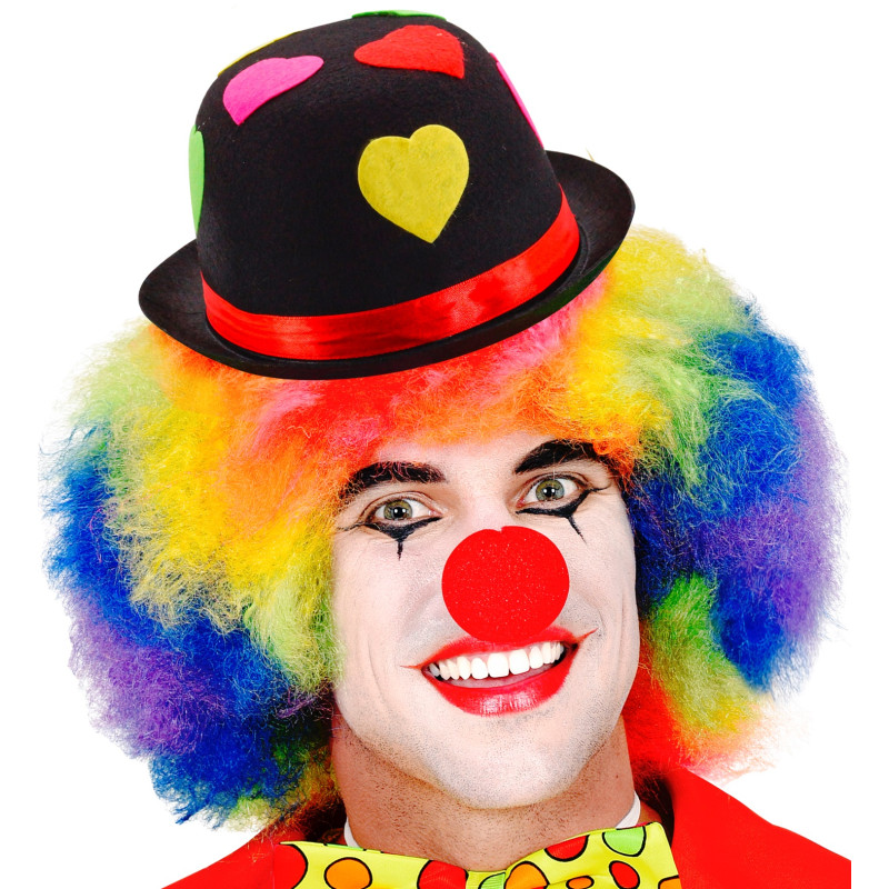 Chapeau melon de clown, cirque noir avec coeurs colorés fluo en vente.