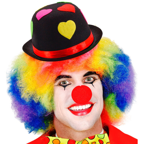 Chapeau melon de clown, cirque noir avec coeurs colorés fluo en vente.