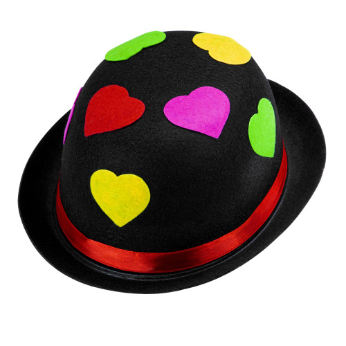Chapeau melon de clown, cirque rose avec coeurs colorés fluo en vente.