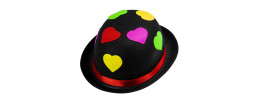 Chapeau melon de clown, cirque rose avec coeurs colorés fluo en vente.