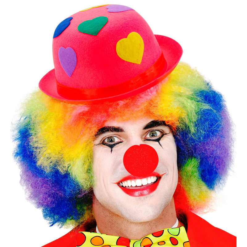 Chapeau melon de clown, cirque rose avec coeurs colorés fluo en vente.