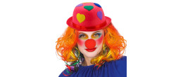 Chapeau melon de clown, cirque rose avec coeurs colorés fluo en vente.