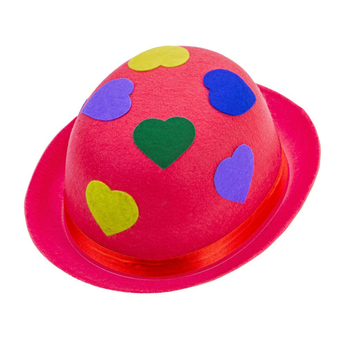 Chapeau melon de clown, cirque rose avec coeurs colorés fluo en vente.