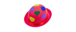 Chapeau melon de clown, cirque rose avec coeurs colorés fluo en vente.
