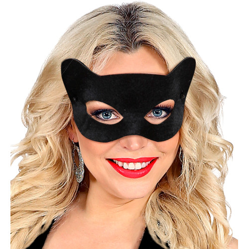 Masque yeux chat noir en tissus velours pour adulte en vente chez Be Happy
