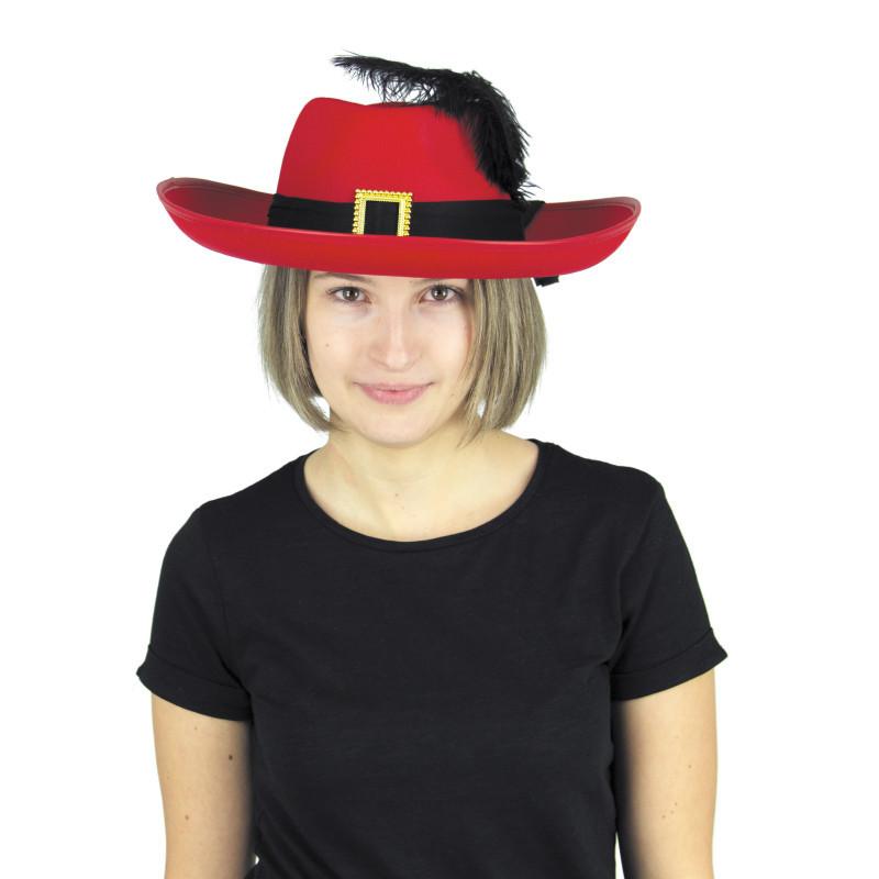 Chapeau mousquetaire, chat botté adulte couleur rouge avec plumes en vente