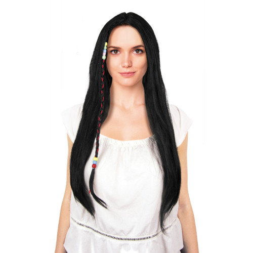 Perruque hippie adulte longue brune avec tresses et perles en vente