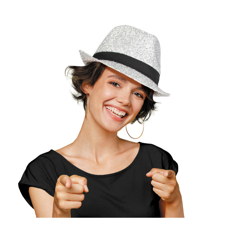 Chapeau borsalino disco argenté à paillette shiny pour adulte en vente.