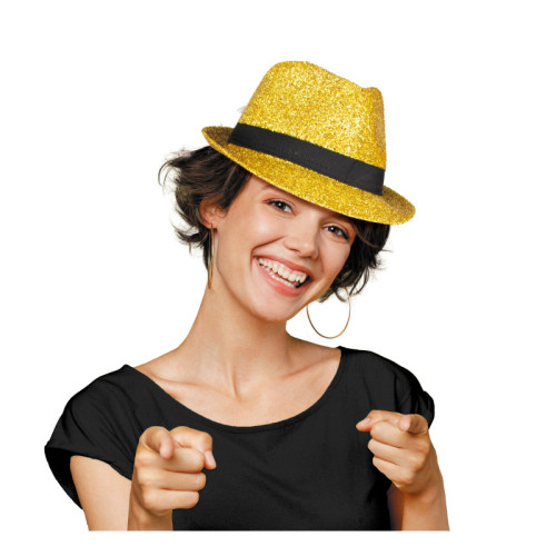Chapeau borsalino disco doré à paillette shiny pour adulte en vente.