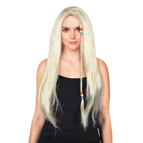Perruque hippie adulte longue blonde avec tresses et perles en vente