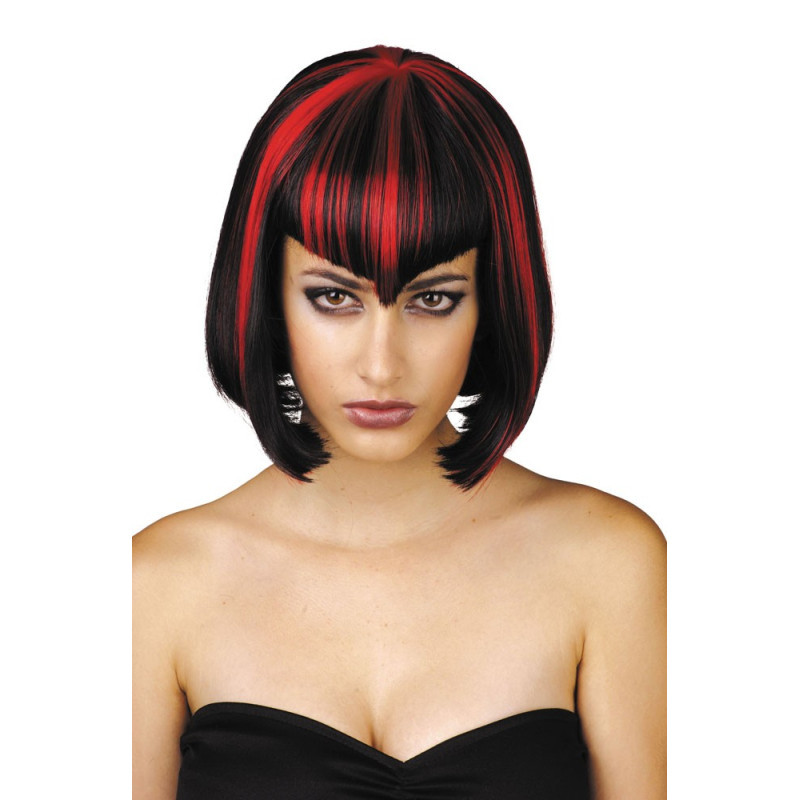 Perruque vampiresse midnight noir et rouge court au carré pour adulte en vente.