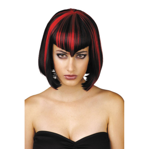 Perruque vampiresse midnight noir et rouge court au carré pour adulte en vente.