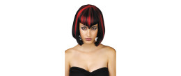Perruque vampiresse midnight noir et rouge court au carré pour adulte en vente.