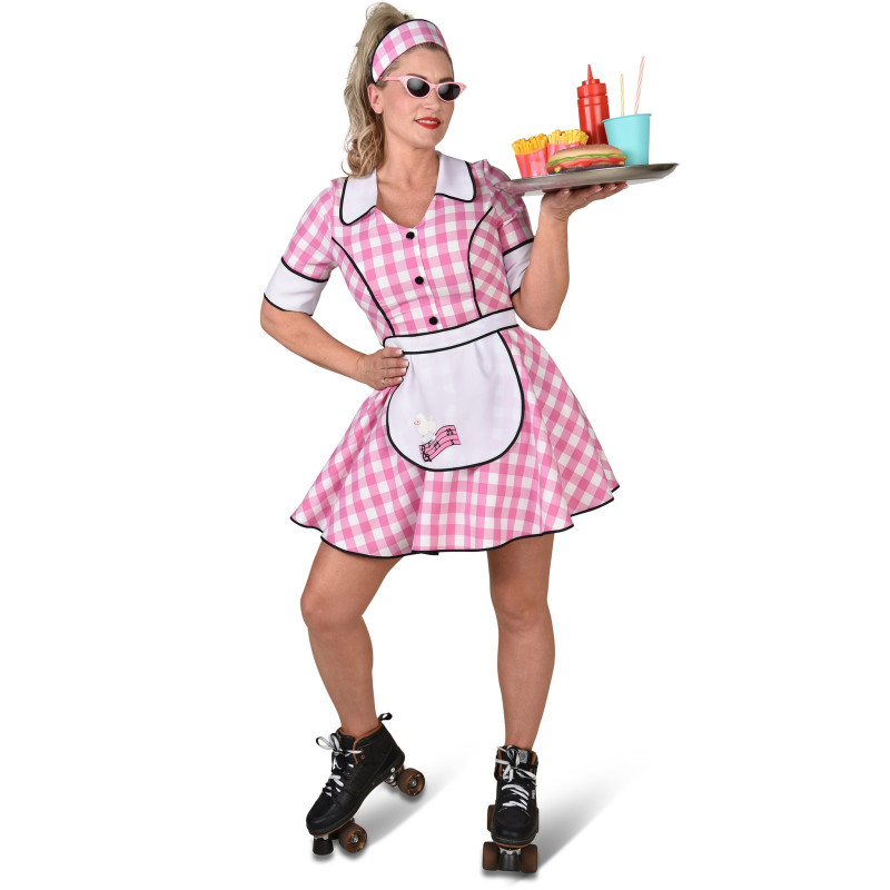 Location robe serveuse année 50, 60 rose à roller pour adulte chez Be Happy