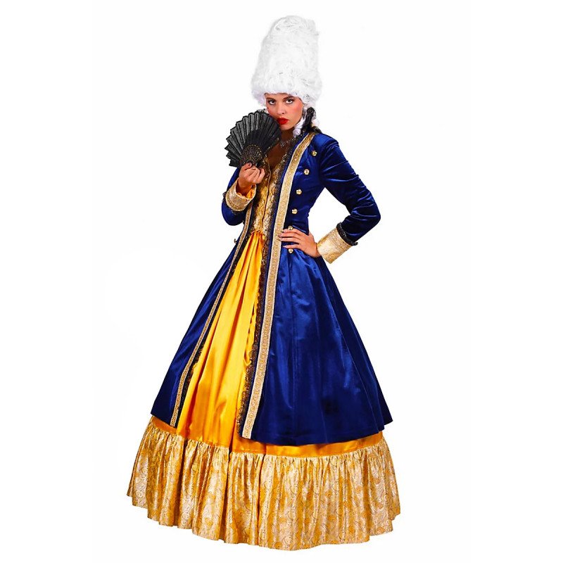 Location robe marquise de Versailles, Marie-Antoinette bleue et doré, robe d'époque 18ème adulte à Be Happy
