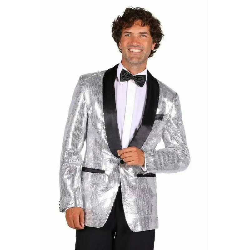Location veste smoking disco à paillettes argentée pour homme chez Be Happy