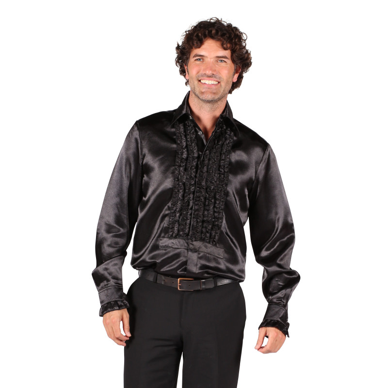 Location chemise disco froufrous noire en satin année 80 pour homme chez Be Happy