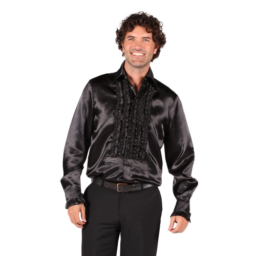 Location chemise disco froufrous noire en satin année 80 pour homme chez Be Happy