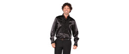 Location chemise disco froufrous noire en satin année 80 pour homme chez Be Happy