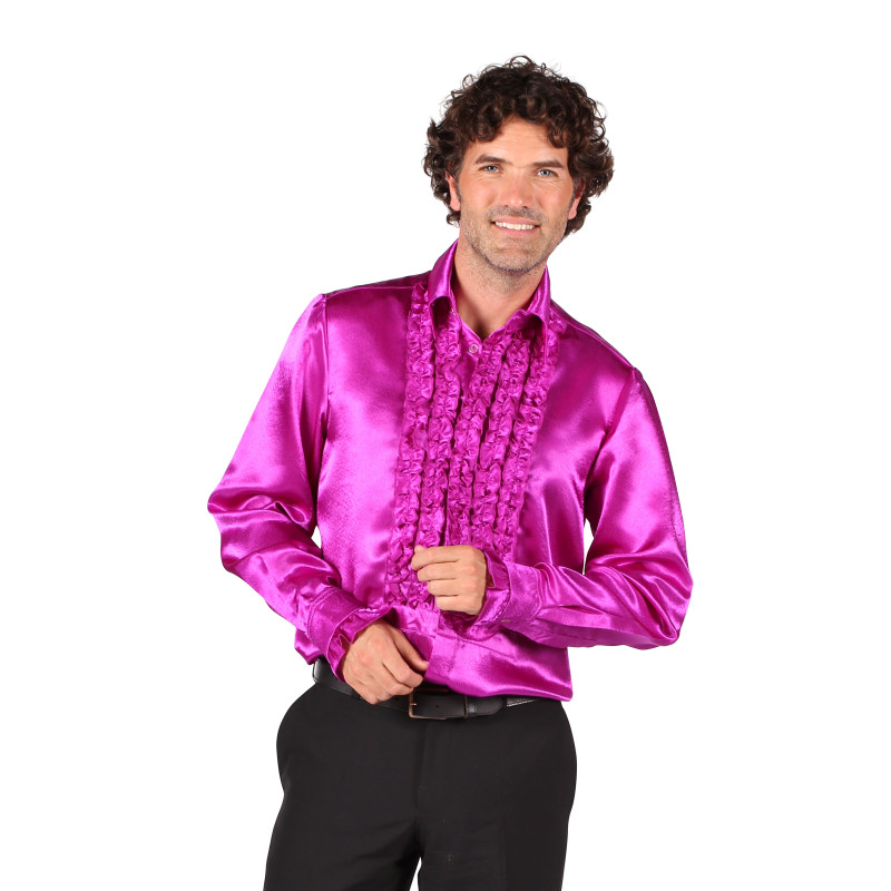 Location chemise disco froufrous fuchsia en satin année 80 pour homme chez Be Happy