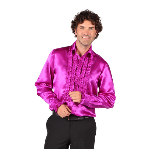 Location chemise disco froufrous fuchsia en satin année 80 pour homme chez Be Happy