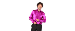 Location chemise disco froufrous fuchsia en satin année 80 pour homme chez Be Happy