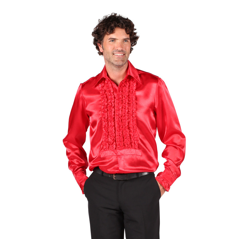 Location chemise disco froufrous rouge en satin année 80 pour homme chez Be Happy