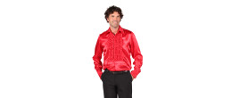 Location chemise disco froufrous rouge en satin année 80 pour homme chez Be Happy