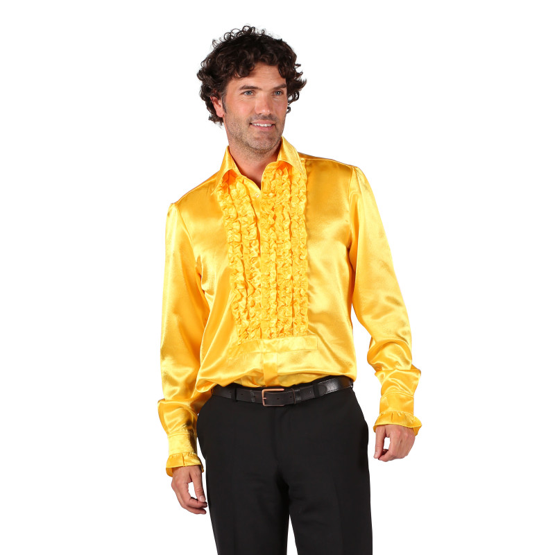 Location chemise disco froufrous jaune en satin année 80 pour homme chez Be Happy