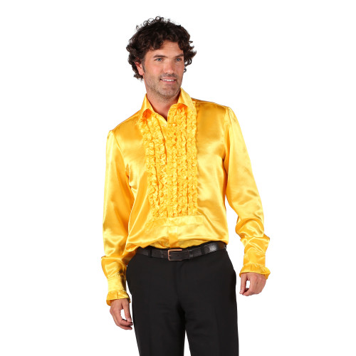 Location chemise disco froufrous jaune en satin année 80 pour homme chez Be Happy